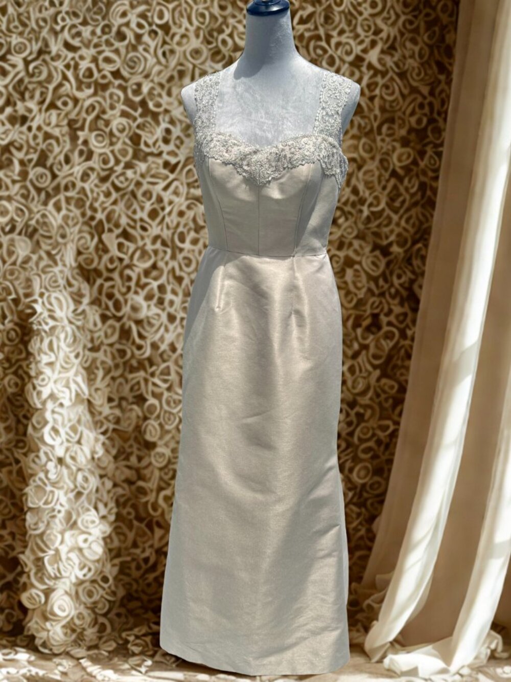 Theia Couture Wedding Dress 10 Ivory Satin Beaded Lace Illusion Neckline Mermaid